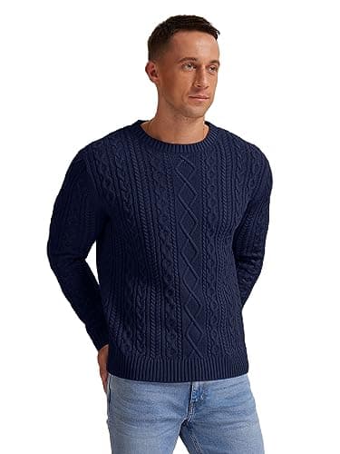 Hisir Men's Cable Knit Jumper, Thick Warm Crew Neck Winter, Navy Blue, XXL — view 3