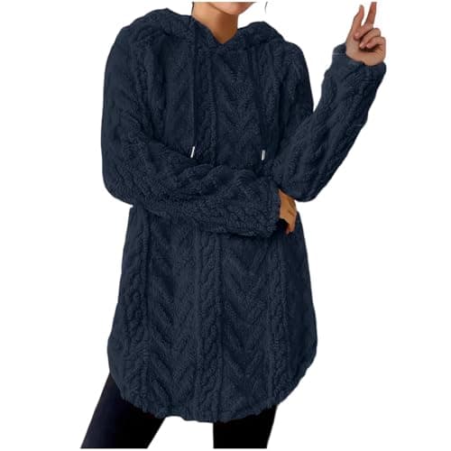 SYDUZAX Fleece Hoodie Women Double Fluffy Long Hoodies Sherpa Teddy Bear Hooded Sweatshirt Plain Winter Plush Warm Fuzzy Coats Pullover Thermal Tops Ladies Snuggle Hoodies Casual Outwear Navy