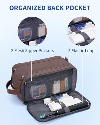 WANDF Toiletry Bag for Men Travel Wash Bag Toiletry Organizer Canvas and PU Leather Dopp Kit Water-Resistant Shaving Kit for Travel Accessories (Brown, Patent Pending) — view 4