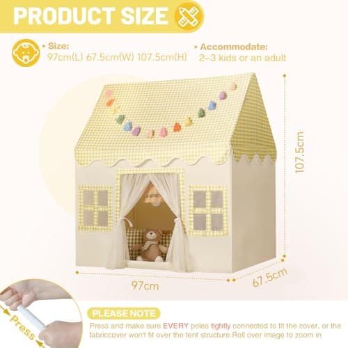 Wilwolfer Kids Play Tents Indoor: Princess PlayHouse with Yellow Checkered & Padded Mat - Cute Toddlers Play House Toys Castle Tents for Boys Girls Room Decor - 67.5×97×107.5 — view 2
