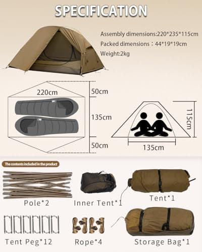 TOMOUNT Tent Backpacking Tent 1-2 Man Tent Waterproof Ultralight Nylon 1.5kg-2kg for Hiking Camping, Outdoor — view 6