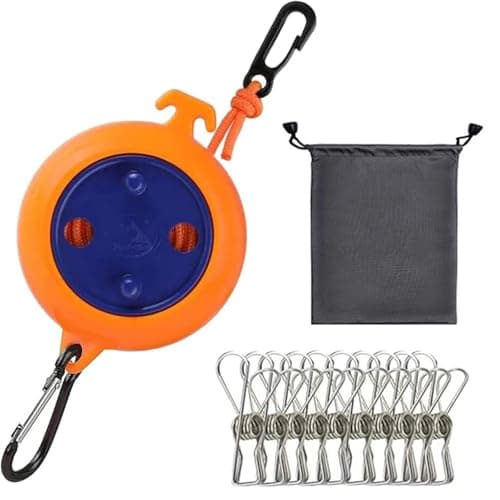 QeeHeng Camping Retractable Clothesline,Portable Clothesline,Outdoor Clothesline,Travel Clothesline,32.8ft With Windproof Clothespins,10 Clothespins