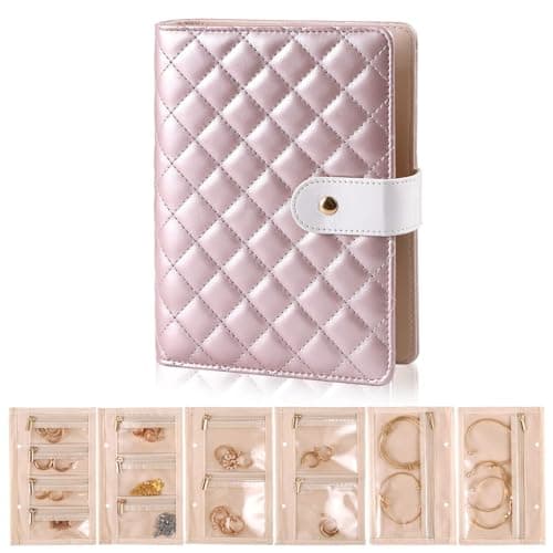 RingsTown Travel Jewelry Organizer, Pearlescent Faux Leather Travel, Compact flip‑Open design,Tangle-Free Storage,Tangle-Free & Anti-Tarnish Storage for Women on the Go(Pink), Pink