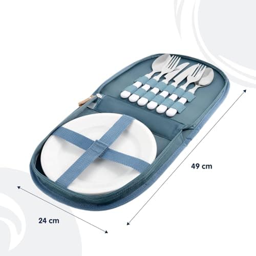Blue Pool Camping Cutlery Set for 2, Picnic Set 12 Piece Lightweight Compact Case with Carry Handle, Includes 2 x Plates, 4 x Tumblers, 2 x Cutlery — view 4