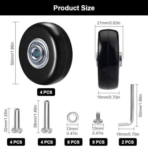 4 Pcs Luggage Suitcase Replacement Wheels 50 x 18 mm Rubber Luggage Wheel Repair Kit Heavy Duty Rubber Swivel Caster Wheels Replacement for Suitcase — view 2