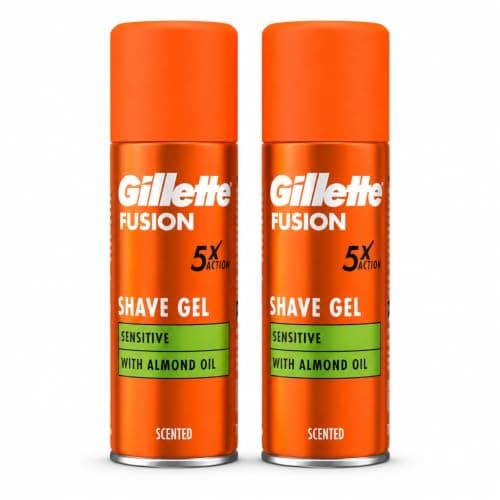Gillette Fusion Sensitive Shaving Gel for Men with Almond Oil, Pack of 2 x 75ml Travel Size Cans, Cabin Bag Essentials for Holidays and Flights, 150ml Total
