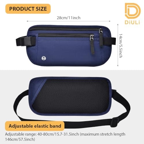 DiULi RFID Blocking Money Belt for Travel, Hidden Bum Bag with Adjustable Elastic Waist Strap, Secure Passport Pouch with 5 Free Card Sleeves, Anti-Pickpocket Protection for Cash & Phone Dark Blue — view 2