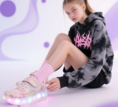 HUSKSWARE Kids Shoes with Wheels – LED Light-Up Roller Sneakers Boys Girls, Retractable Skating Trainers, USB Rechargeable Outdoor Sports Shoes EU 27-40 White Black Pink — view 3