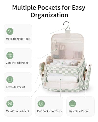 Narwey Wash Bag Women, Large Hanging Toiletry Bags for Women, Travel Bag for Full Size Toiletries, Large Capacity Makeup Cosmetic Bags with Wet Pocket for Travel Essentials (Mint Green Checkerboard) — view 2