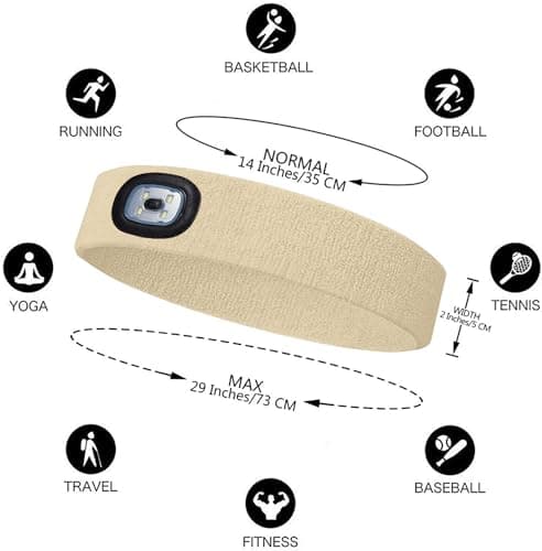 ATNKE LED Lighted Headband, USB Rechargeable Running Hat Ultra Bright 4 LED Waterproof Light Lamp Headlamp High Stretch Moisture Wicking Multi-Color/Beige — view 2