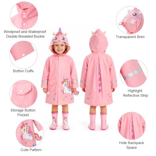Adiwo Rain Poncho Girls Boys, Boys Girls Portable Raincoat, Kids Raincoats with Hood, Cartoon Poncho Toddler, Kids Lightweight Rainwear Waterproof Reusable, Pink Unicorn (M) — view 4