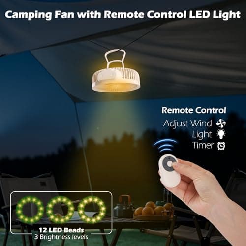 Hianjoo USB Desk Fan, Small Mini Table Fan with Remote Control, Quiet with Timer Function, Hanging Camping Fan with LED Light, 4 Speeds, Power Bank, LED Display, 4000mAh, Beige — view 2