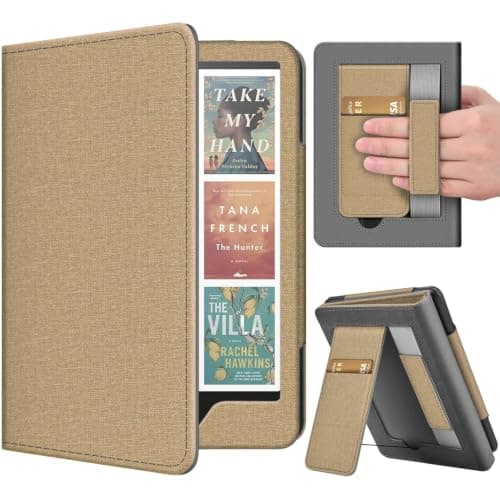 TNP Stand Case with Strap for Kindle Paperwhite 12th Gen 2024 / Kindle Colorsoft Signature Edition - 7" PU Leather Protective Folio Cover with Auto Wake/Sleep & Card Slot, Gold