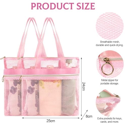 OSDUE Mesh Shower Caddy Bag, 2PCS Portable Toiletry Tote Hanging Wash Bag with Zipper, Quick Dry Shower Tote Bag for College Dorms, Gym, Swimming, Beach, Camping, Travel(Pink) — view 2