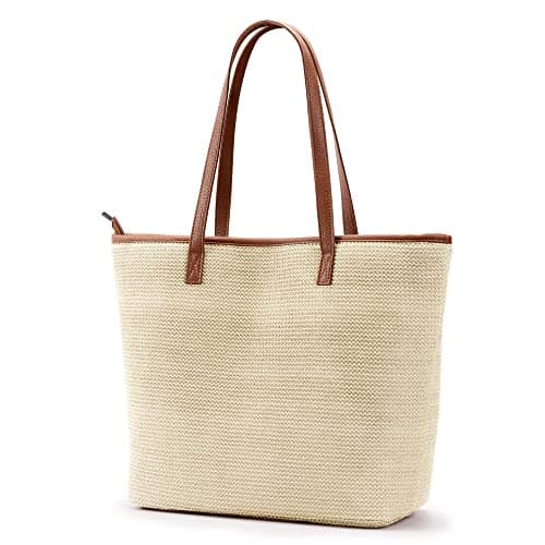 KALIDI Women Straw Tote Bag Summer Beach Woven Shoulder Handbag with Zip