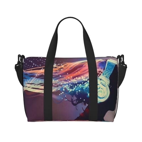 Woman with Glowing Headphones Print Travel Duffle Bag Lightweight Weekend Bag Travel Bag Holdall with Adjustable Strap for Weekend Trips Gym Travel Daily Use