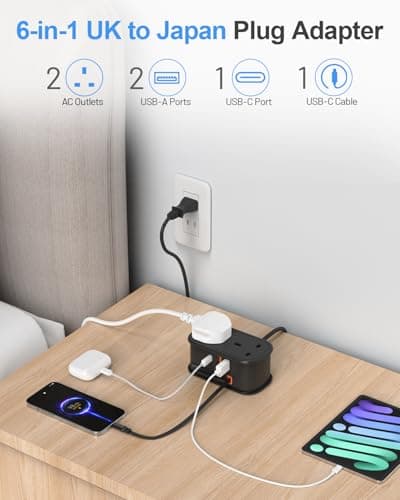 UK to Japan Plug Adapter with 1.5M Extension Cable, FDTEK 2 Way 3 USB Japan Travel Adapter with Retractable USB C Cable for Japan, Panama, Philippines Travel (Type A)-Black — view 2