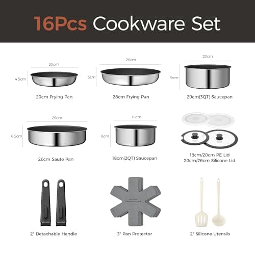 naturepan 16 PCS Ceramic Cookware Set, Stainless Steel Exterior Pots and Pans Set Non Stick, 10x More Durable Super Ceramic Coating, for Induction Hob Pan Set (Black) — view 3