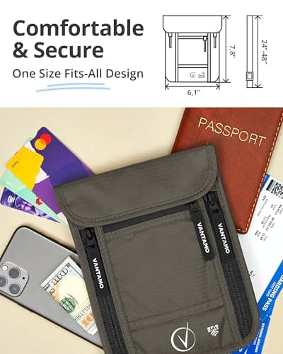 Vantamo Premium Neck Wallet for Traveling, RFID Protected Passport Bag Fits Documents, Cash and Phone, Lightweight & Consealed Travel Wallet and Document Holder for Men & Women with Adjustable Strap — view 4