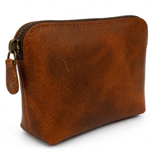 TheAntiq Leather Cosmetic Bag Small Makeup Pouch Zip Leather Toiletry Organiser Mini Travel Dopp Kit Compact Leather Case 5x4x2.5 Inch Tan