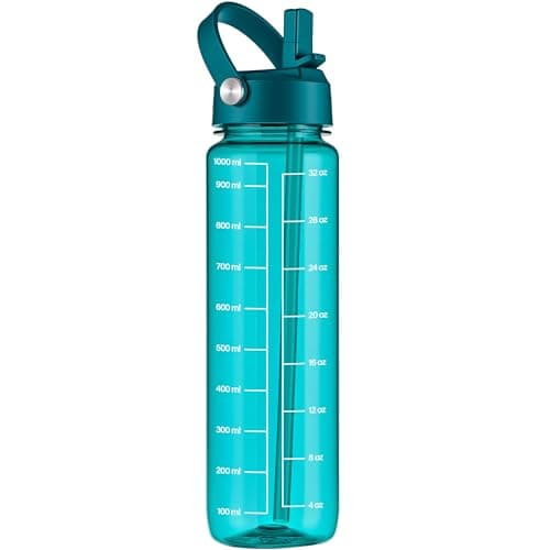 GOPPUS 1000ml/32oz Clear Water Bottle with Straw, Tritan Leakproof Sports Drinking Bottle, BPA Free Wide Mouth Gym Bottle with Handle and Measurement Marks for School, Gym, Travel (Teal Blue)