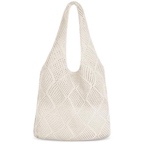 Aucuu Women Knitted Handbags, Retro Hollow Woven Shoulder Bags, Boho Shoulder Bag, Crochet Mesh Tote Bag, Beach Bag for Women, Travel Shopping Handbag for Holiday, Daily Work, Shopping, Travel-White