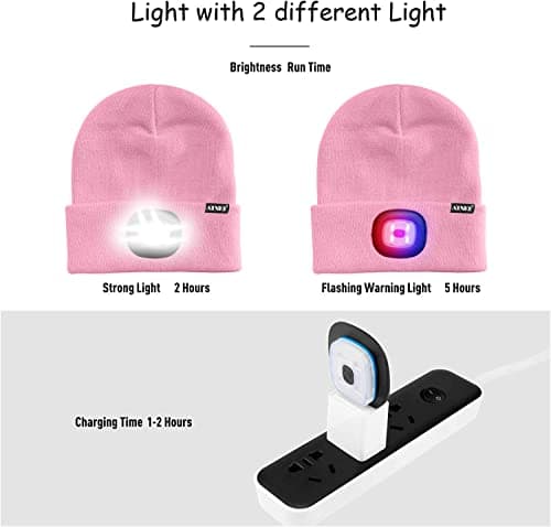 ATNKE LED Lighted Beanie Cap,USB Rechargeable 4 LED Red and Blue Glow Flashing Running Headlamp Hat Winter Warm Gifts for Men and Women/Pink — view 6