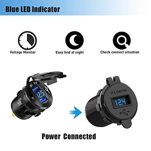 Quick Charge 3.0 Car Charger Socket 12V/24V 36W Aluminum QC3.0 Dual USB Fast Charger Socket Power Outlet with LED Voltmeter for Marine, Boat, Motorcycle, Truck, Golf Cart (Dual QC3.0 (Blue)) — view 2