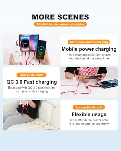 SIQIWO 4 in 1 USB C Charger Cable, 3A Fast Charging Type C Cord 1.2M Red — view 6