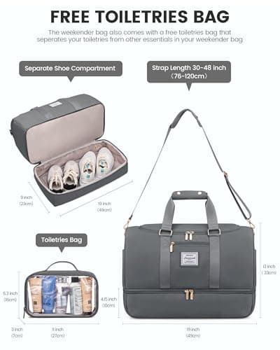 LOVEVOOK Travel Gym Bag for Women - Waterproof Overnight Holdall Duffel with Toiletry & Shoe Compartments, Wet Pocket, Cabin Flight Bag for Sports Trips, Grey — view 2
