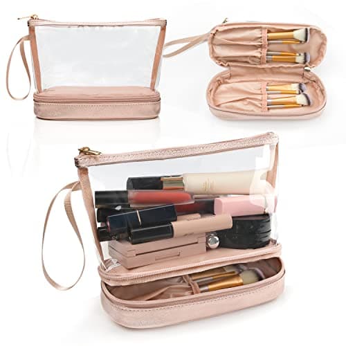 Clear Makeup Bag with Brushes Compartment Travel Toiletry Bag Rose Gold