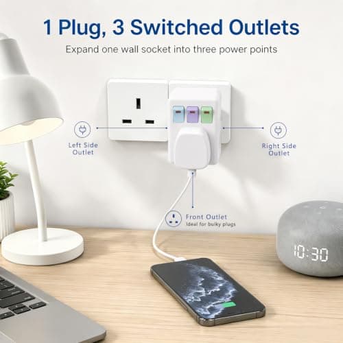 3 Way Plug Adapter UK, Multi Plug Adaptor with Individual Switches — view 3