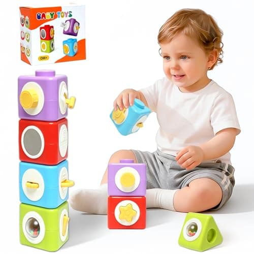 JoyLife Travel Toys for 1+ Year Old, Montessori Stacking Toys 12-in-1 Activity Cubes for Toddlers, Sensory Stacking Blocks for Plane & Car, First Birthday Gifts for Boys Girls