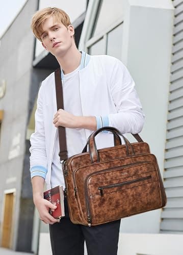 Shrrie Leather Messenger Bag for Men&Women 17 Inch Vegan Leather Laptop Bag,Water-Resistant Large Shoulder Satchel Office Work,Brown — view 3