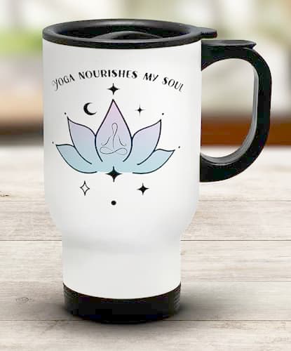 Shopagift Love Meditation Travel Mug Yoga Nourishes My Soul Energy Lotus Stainless Steel 14oz Cup — view 2