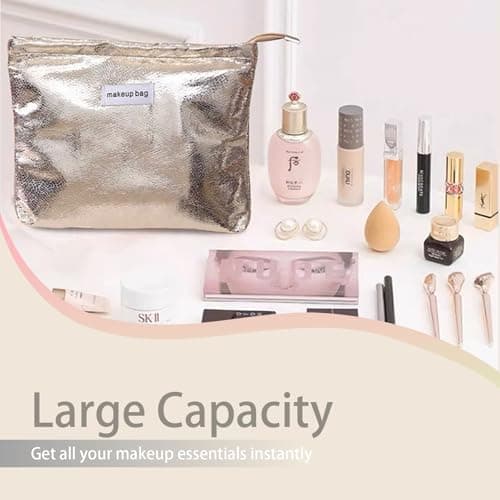 Dtweista Glittler Cosmetic Bag for Women Large Capacity PU Make Up Clutch Bag Travel Silver Toiletry Pouch Organizer, Gold, 9.44x7.08x1.18-inch, Modern Metallic — view 3