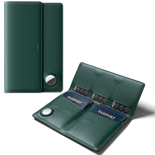 VULKIT Family Passport Holder for 4 Leather Passport Wallet Compatible with Airtag Slot Multiple Passport Holder RFID Blocking Bifold Travel Documents Organizer