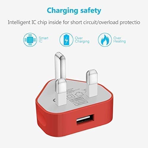 Themax® 1000mAh USB UK 3 Pin Plug Travel Charger Adapter CE Approved Compatible iPhone iPad All Models Samsung Galaxy HTC LG Sony Huawei Motorolla Etc (Red) — view 5