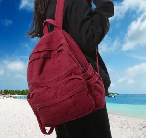 GAMLFL Canvas Backpack for Women Retro Aesthetic Rucksack Basic Backpack for High School/College Students Travel Laptop Bag, Burgundy Red, M, Travel Backpacks — view 2