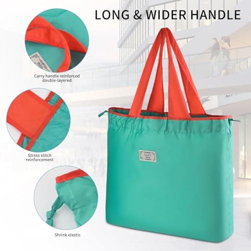 Nexlynk 3Pcs Foldable Reusable Shopping Bags 42x53 cm, Large Waterproof Tote Drawstring Shopper Washable Nylon Grocery Bags for Travel Beach Daily Use Women Mom (Turquoise, Light green, Dark grey) — view 5