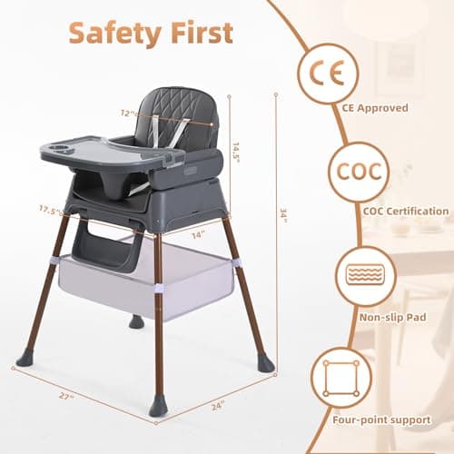 High Chairs for Babies and Toddlers, Adjustable Convertible 3 in 1 Baby High Chair, Portable Compact Baby Infant Feeding Chair Travel Highchair Booster for Toddler, from 6 Month to 3 Years Dark Grey — view 2