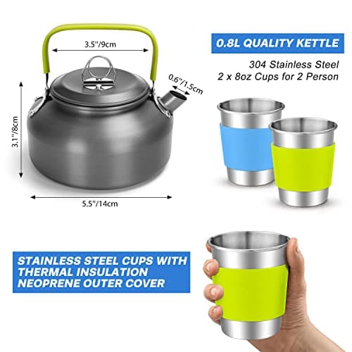 Odoland Camping Cookware Set, Non Stick Pot Pan Kettle Set with Stainless Steel Cups Plates Forks Knives Spoons for Outdoor Cooking and Picnic - Camping Cutlery Set Suit 2 People — view 4