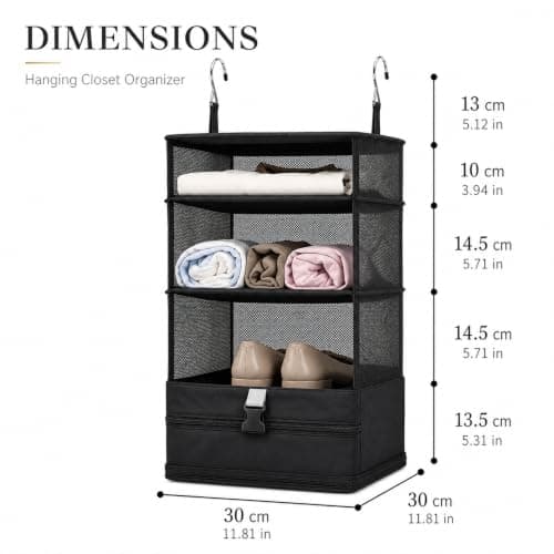 Hbzunt Hanging Suitcase Organiser, Foldable Travel Packing Shelves with Metal Hooks, Portable Hanging Travel Shelves for Wardrobe, M, Black — view 3