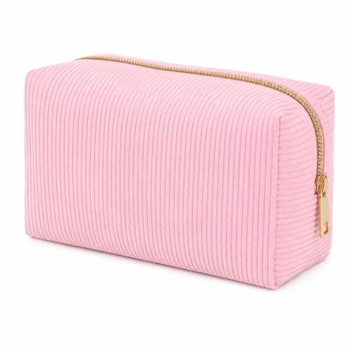 Soft Pink Corduroy Makeup Bag with Gold Metal Zipper for Cosmetic Storage in Travel, Vanity & Daily Commute - Portable Pouch Organiser for Women