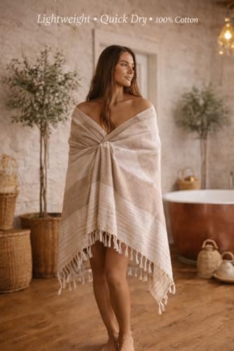 WEFLORIA Turkish Peshtemal Towel – Lightweight Quick Dry Beach & Spa Towel, Oversized Cotton Hammam Towel with Tassels – Travel, Pool, Bath, Sauna – Blue/Beige/Orange (beige) — view 4