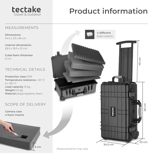 tectake® Camera Case - Shock-Resistant, Dust- & Waterproof Box with Wheels & Telescopic Handle, Incl. Cube Foam Inlays - 34.5 x 23 x 56 cm Hard Case with Snap Closures & Seal Ring - Black — view 6