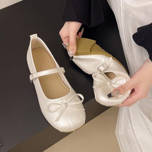UK 4 Ballet Flats for Women Closed Round Toe Low Heel Mary Jane Flats with Bow Buckle Strap Shinny Daily Comfy Flat Dress Shoes Cream — view 3