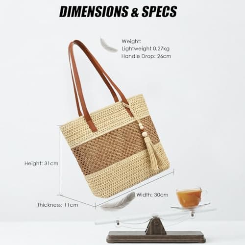 unisoul Straw Beach Bag for Women, Hand-Woven Summer Tote Bag with Zip, Lightweight Shoulder Handbag for Holidays, Travel & Daily Use, Off White — view 4