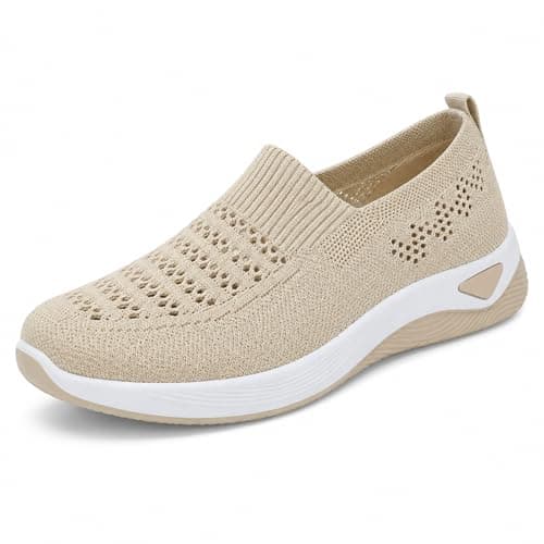 Women’s Slip On Walking Shoes, Lightweight Breathable Knitted Casual Trainers, Laceless Pull On Comfort Trainers for Ladies, Everyday Walking, Work, Travel and Outdoor Wear Beige