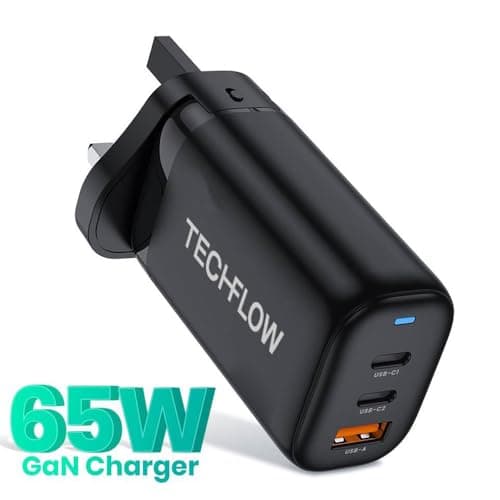 TechFlow 65W Fast Charger - 2 USB-C & 1 USB-A Ports, Universal Travel Charger with UK/US/EU Adapters, Compatible with iPhone, Samsung, Huawei, MacBook, Dell XPS, HP Laptops etc, GaN Wall Quick Charge — view 3